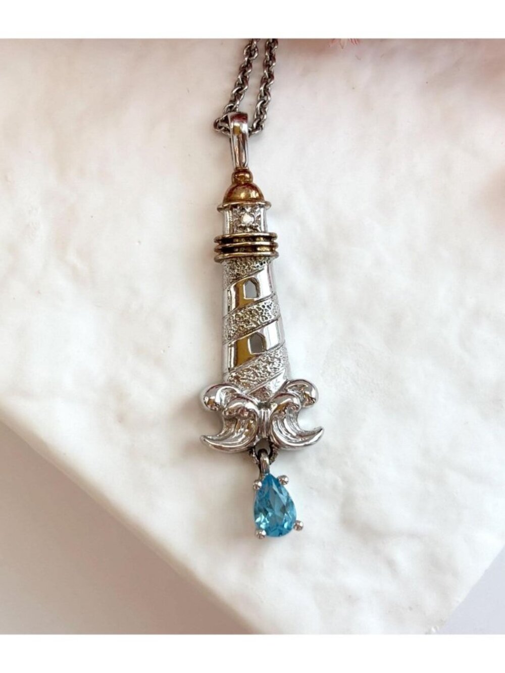 Aquamarine Lighthouse Dual Toned Sterling Silver 925 Vintage Pendant Necklace